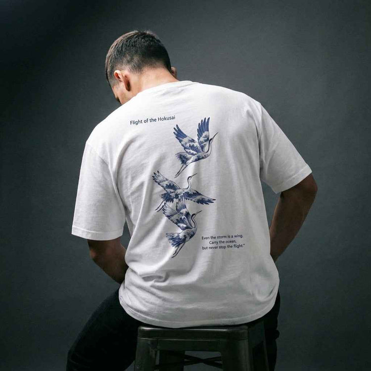 Flight of the Hokusai Oversized Tee - Stylish White Tee for Art Lovers