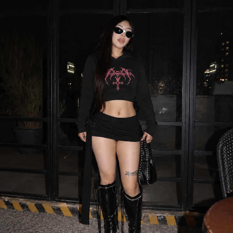Toxic Pink Cross - Female Cropped Hoodie