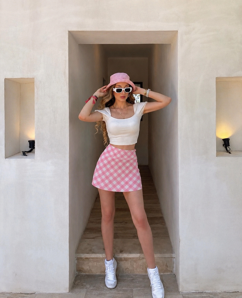 Pink Gingham - Aop Mini Skirt
