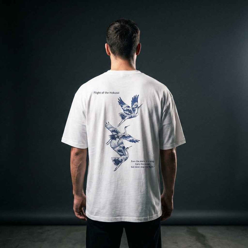 Flight of the Hokusai Oversized Tee - Stylish White Tee for Art Lovers