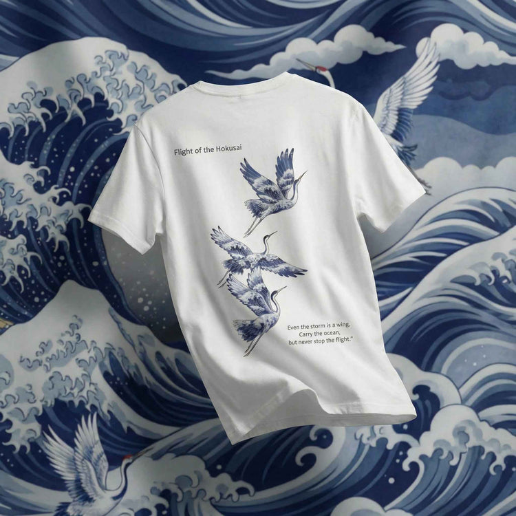 Flight of the Hokusai Oversized Tee - Stylish White Tee for Art Lovers