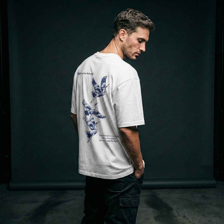 Flight of the Hokusai Oversized Tee - Stylish White Tee for Art Lovers